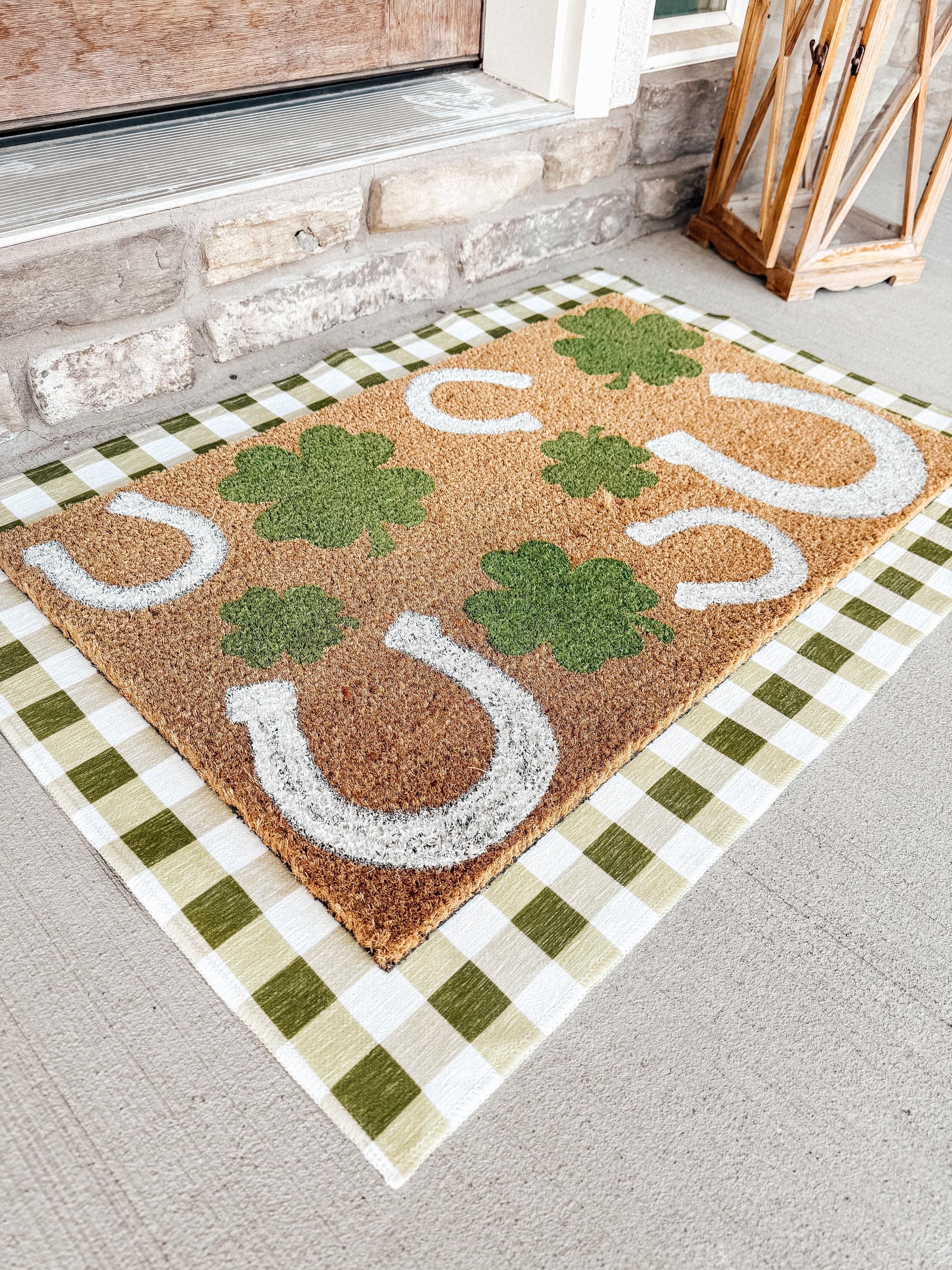 Lucky Doormat St. Patrick’s Day Porch Decor | Shamrock Horseshoe Mat with Green Gingham Rug
