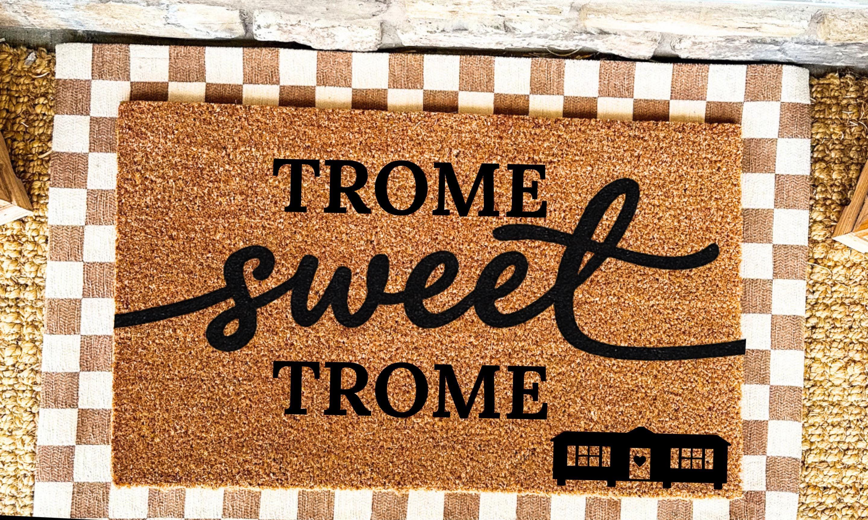 Two Piece Doormat Set Layered Entrance System Coir Top Mat Polyester Bottom Rug TROME Sweet TROME Text Design Trailer Icon Natural Tan Brown Coconut Fiber Black Lettering Checkered Border Pattern Rubber PVC Backing Front Door Welcome Mat
